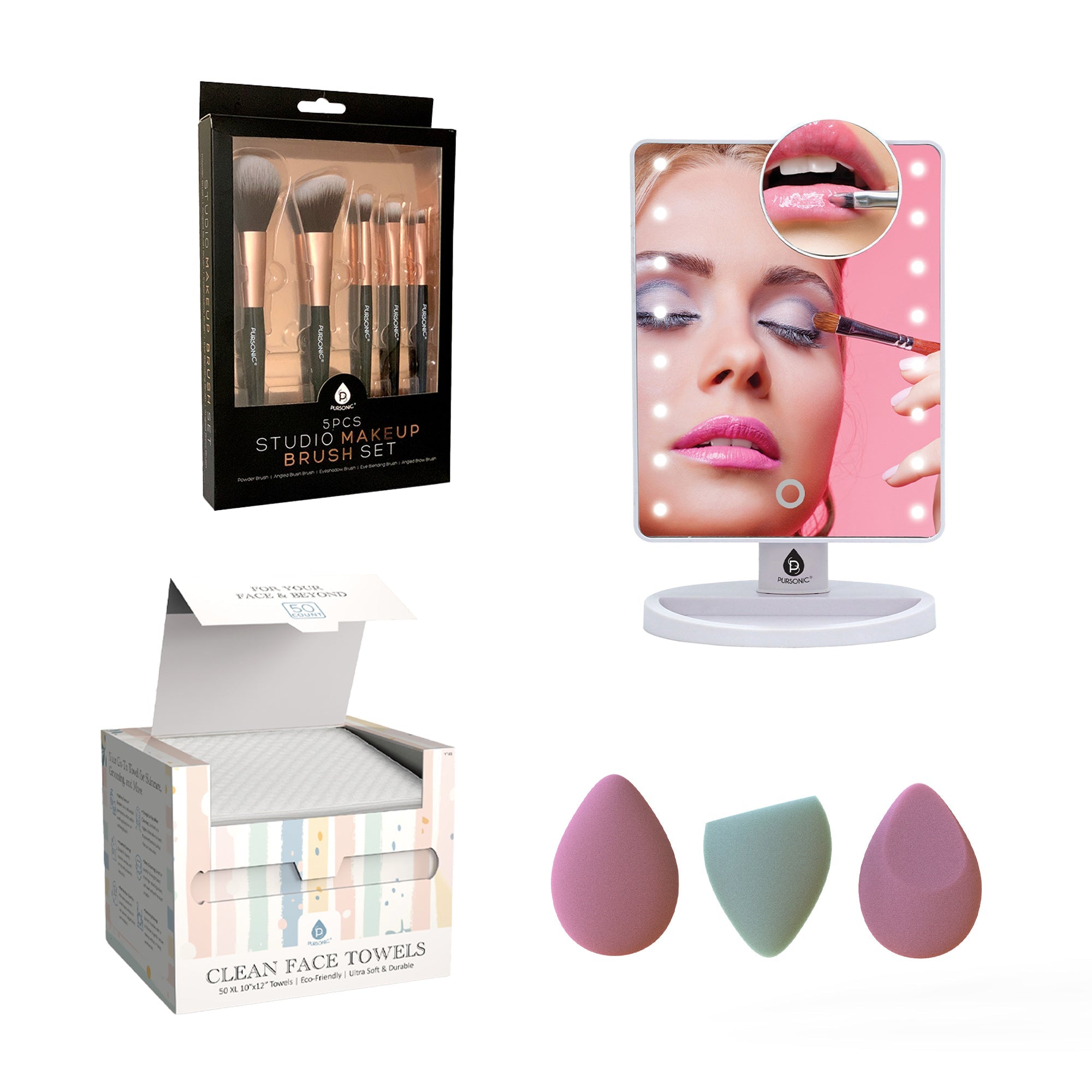 Pursonic Complete Beauty Set: Makeup Brushes, Facial Towels, LED Mirror & Blender Sponges-0