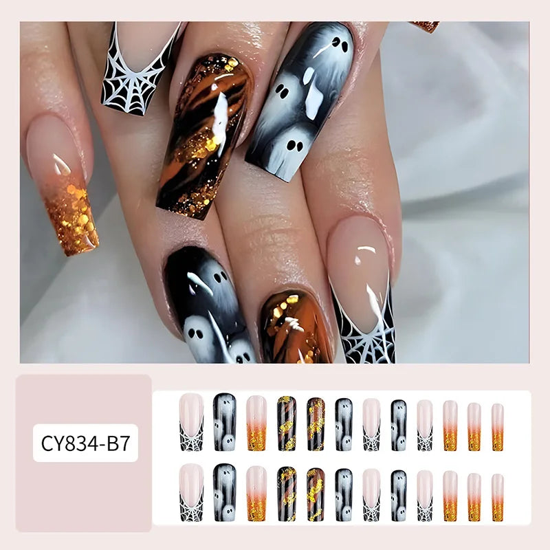 Ghostly Almond Halloween Nail Art-5