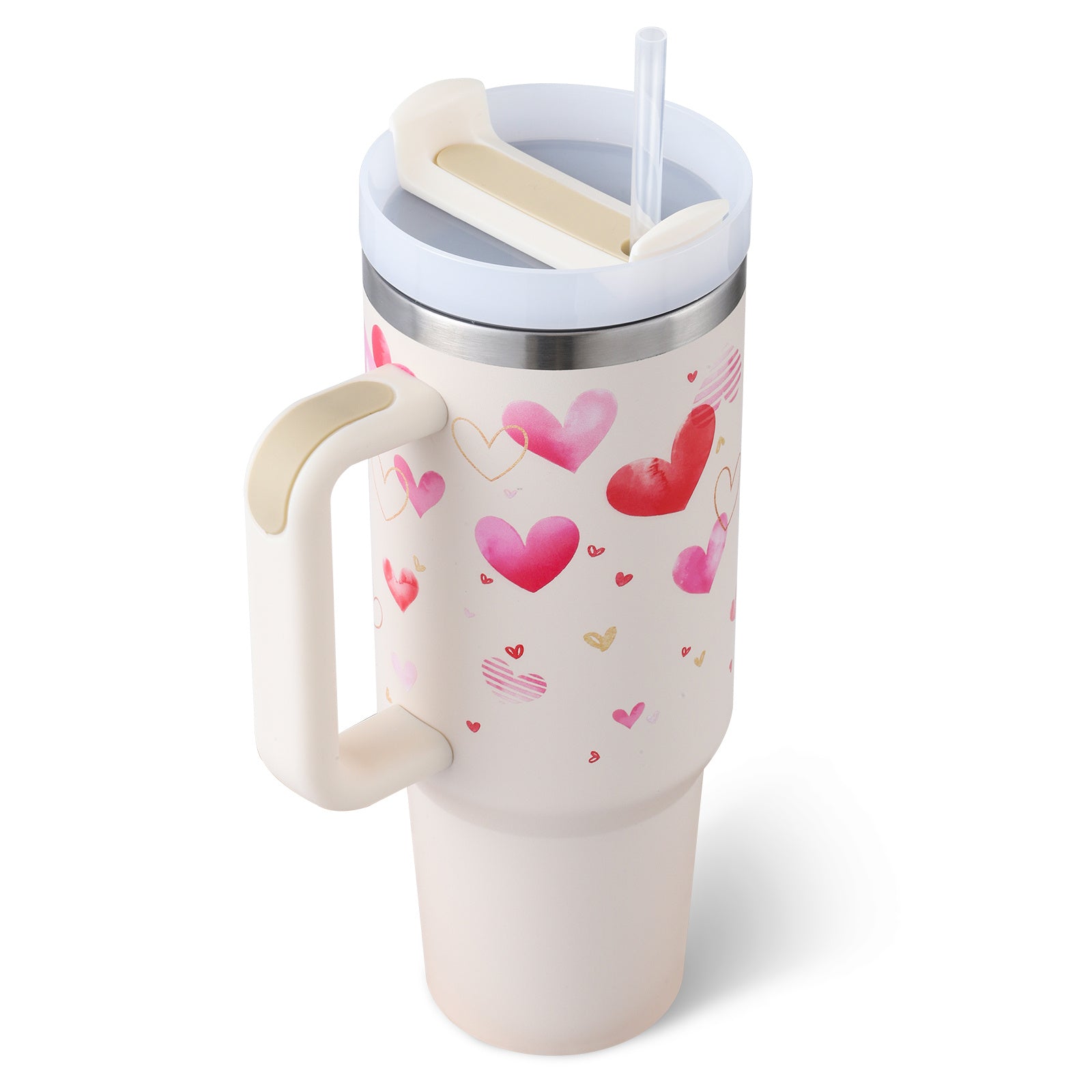 Travel mug with heart designs on a white background