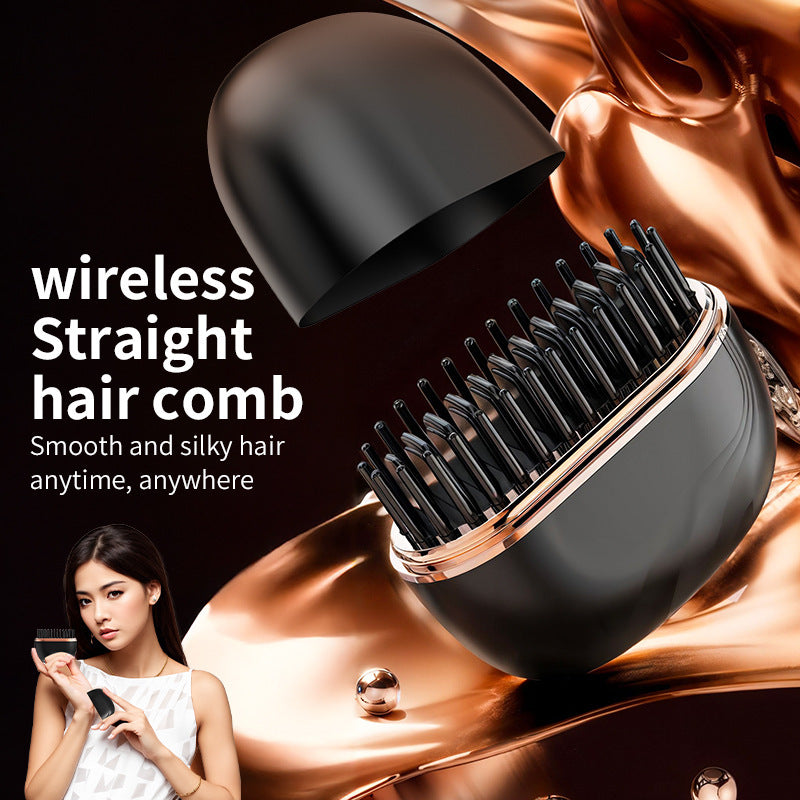 Black wireless hair straightening comb with text on a dark background
