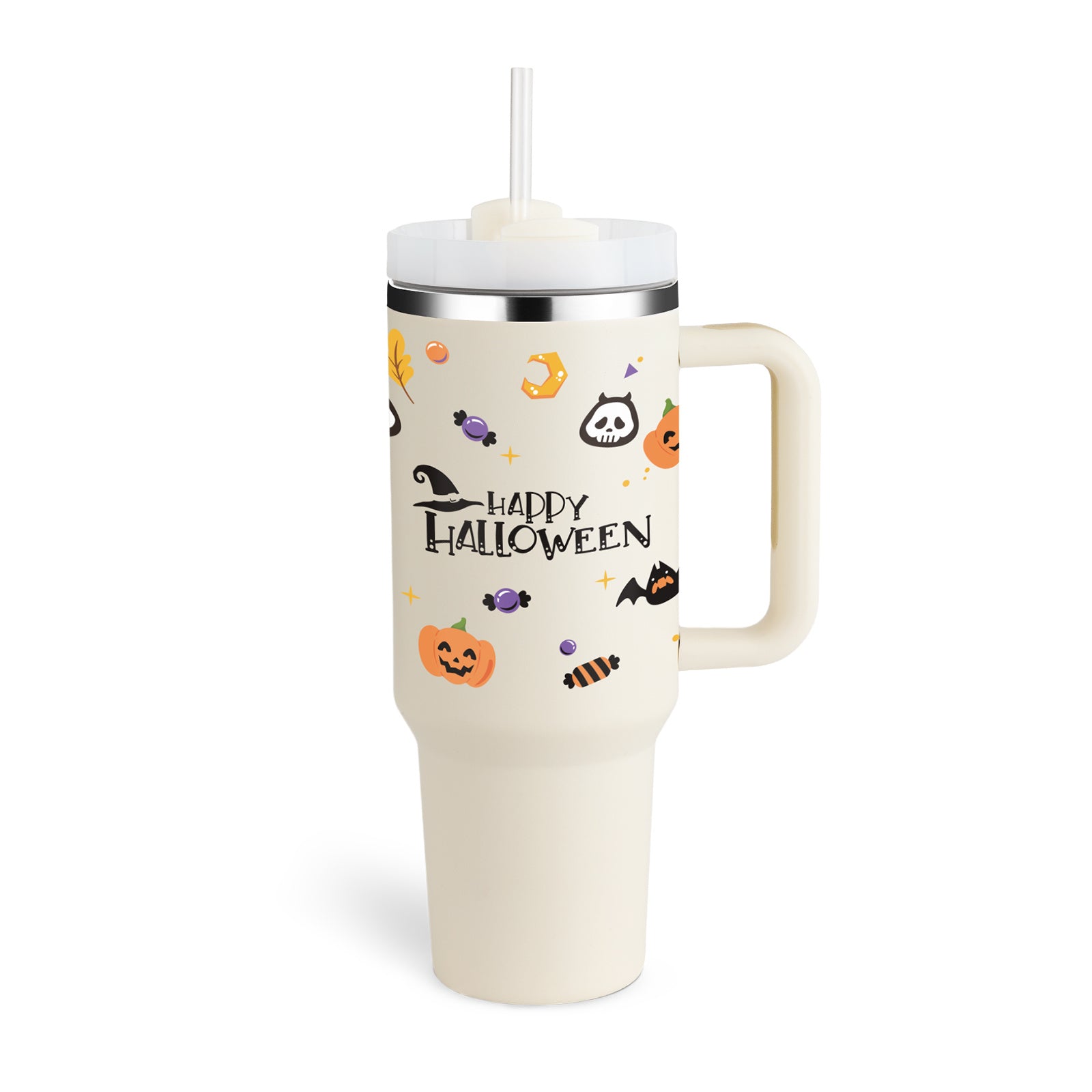 White tumbler with Halloween-themed design and 'Happy Halloween' text on a white background