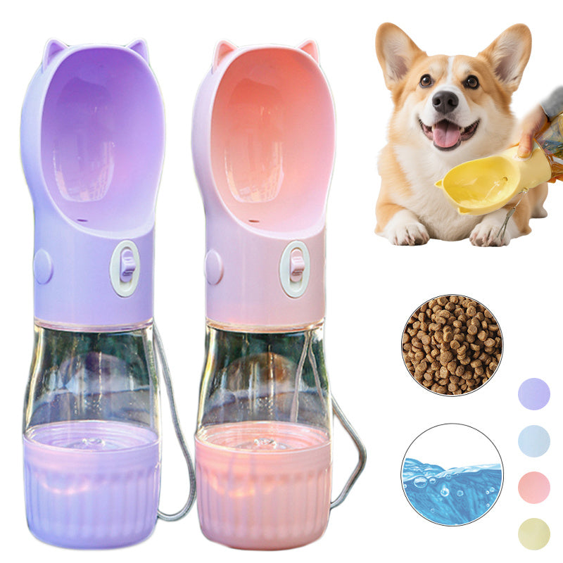 Two pet water bottles in purple and pink with a dog and food icons on a white background.