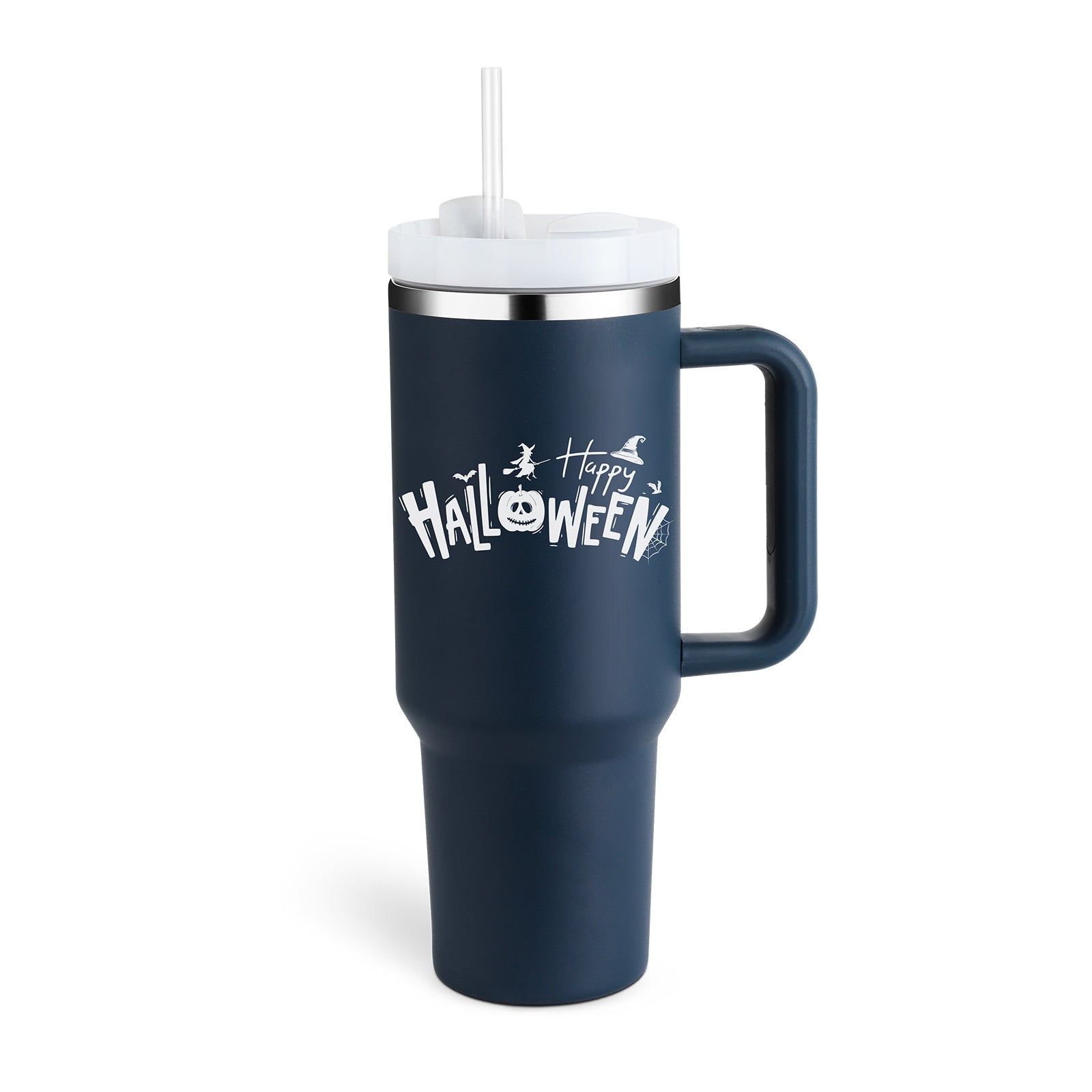 Navy blue tumbler with 'Happy Halloween' text on a white background