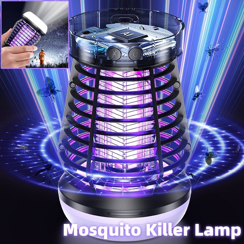 Mosquito killer lamp with purple light effect and text 'Mosquito Killer Lamp' on a dark background.