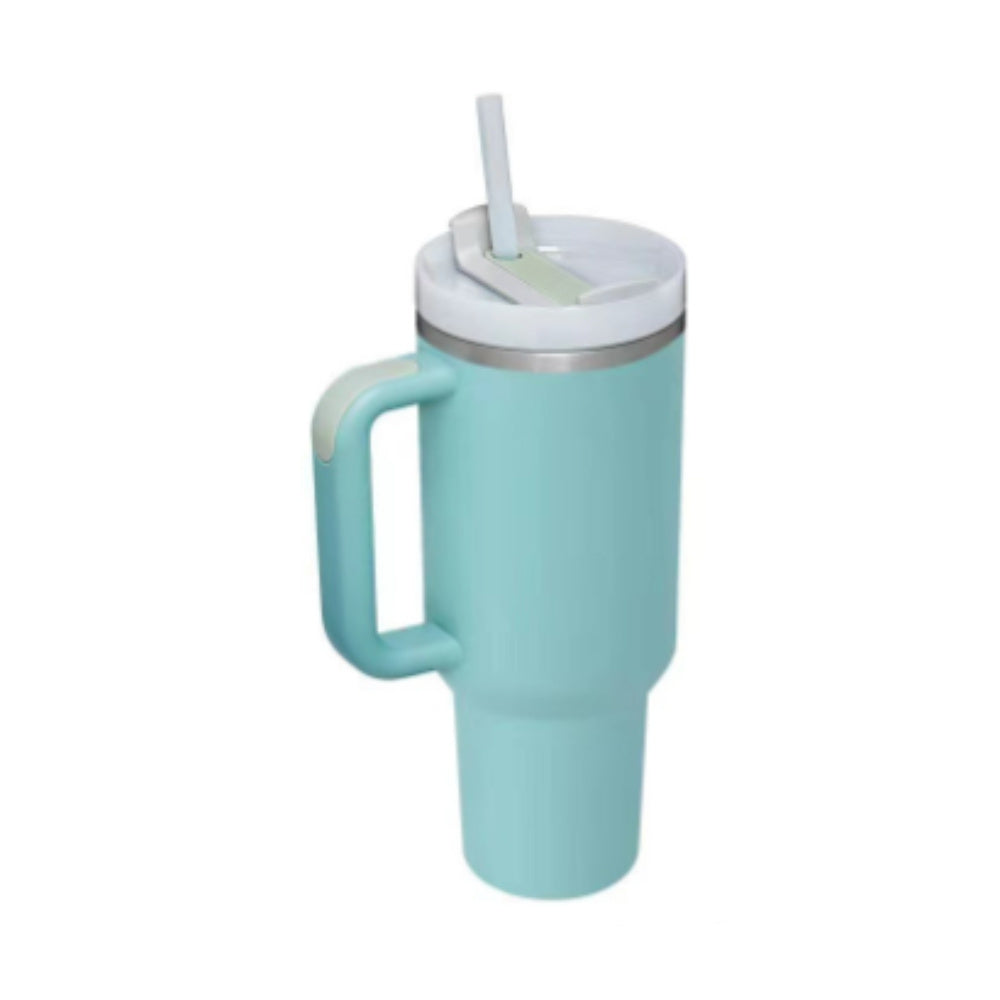 Turquoise mug with handle and straw lid on a white background