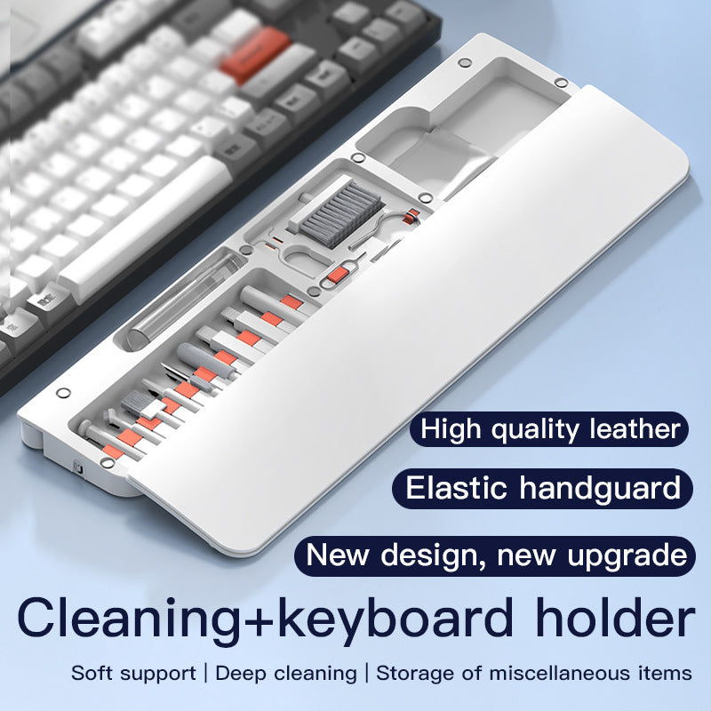 Keyboard cleaning tool with text highlighting features on a light blue background
